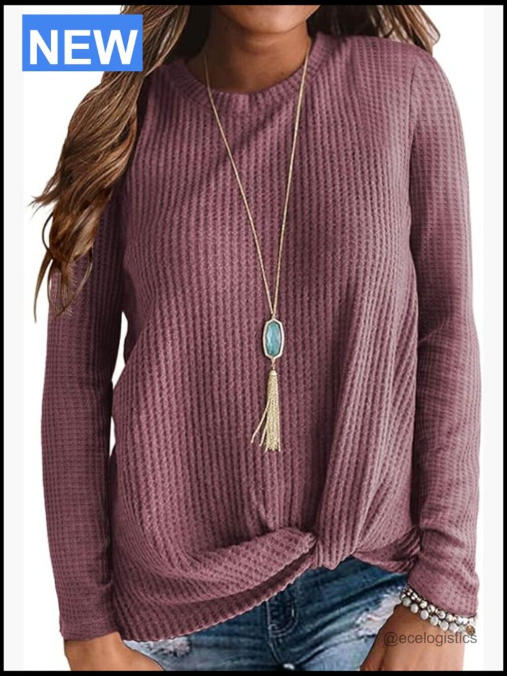 Long Sleeve Twist Knot Waffle Knit Blouse Loose Casual Top